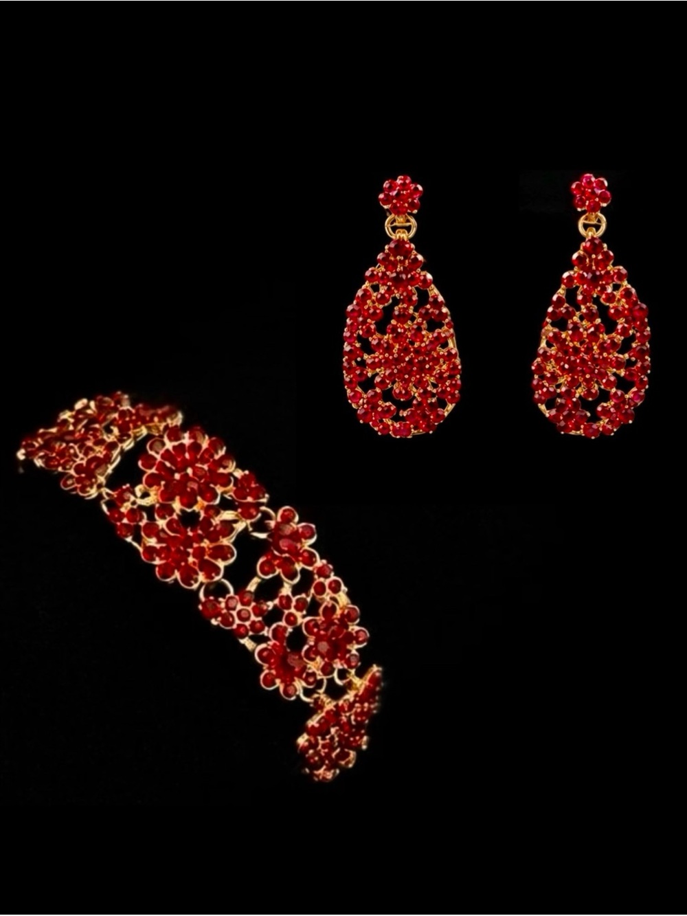 Vintage Red & Gold Bracelet Earrings Set